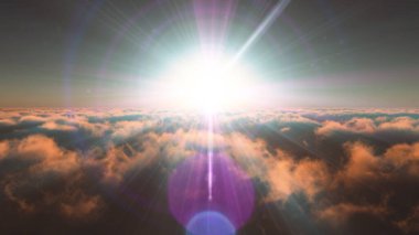 Bulutların üzerinde günbatımı güneş ışığı illüstrasyonu, 3 boyutlu görüntüleme