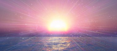 Gün batımı deniz ışığı gökyüzü berrak, üç boyutlu resimleme