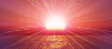 Gün batımı deniz ışığı gökyüzü berrak, üç boyutlu resimleme