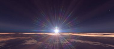 Bulutlu okyanus üzerinden Dünya 'nın doğuşu. 3d resimleme