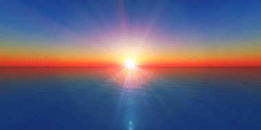 Deniz çiziminde gün batımı ufku 3D görüntüleme