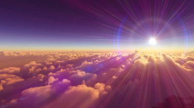 Bulutların üzerinde günbatımı güneş ışığı illüstrasyonu, 3 boyutlu görüntüleme