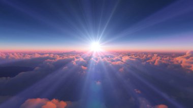 Bulutların üzerinde günbatımı güneş ışığı illüstrasyonu, 3 boyutlu görüntüleme