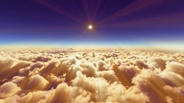 Bulutların üzerinde günbatımı güneş ışığı illüstrasyonu, 3 boyutlu görüntüleme
