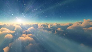 Bulutların üzerinde günbatımı güneş ışığı illüstrasyonu, 3 boyutlu görüntüleme