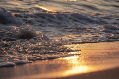Dalgalar deniz kıyısı makrosu sıçratıyor. Yaklaş.