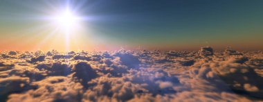 Bulutların üzerinde günbatımı güneş ışığı illüstrasyonu, 3 boyutlu görüntüleme