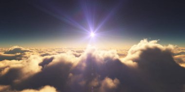 Bulutların üzerinde gün doğumu güneş ışığı çizimi, 3 boyutlu görüntüleme