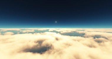 Bulutların üzerinde uç günbatımı manzarası. 3d resimleme