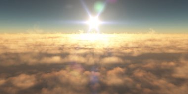 Bulutların üzerinde uç günbatımı manzarası, üç boyutlu resimleme