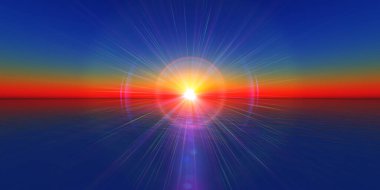 Deniz çiziminde gün batımı ufku 3D görüntüleme