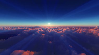 Bulutların üzerinde günbatımı güneş ışığı illüstrasyonu, 3 boyutlu görüntüleme