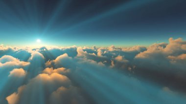 Bulutların üzerinde günbatımı güneş ışığı illüstrasyonu, 3 boyutlu görüntüleme