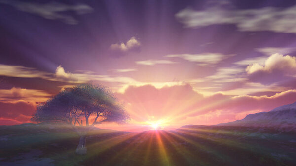 sunset at meadow and lonely tree, 3d render illustration