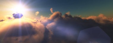 Bulutların üzerinde günbatımı güneş ışığı illüstrasyonu, 3 boyutlu görüntüleme