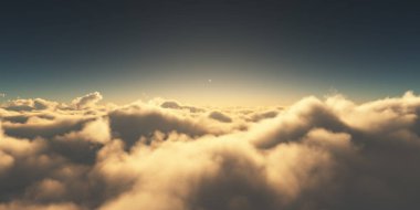 Bulutların üzerinde gün doğumu güneş ışığı çizimi, 3 boyutlu görüntüleme