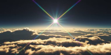 Bulutların üzerinde gün doğumu güneş ışığı çizimi, 3 boyutlu görüntüleme