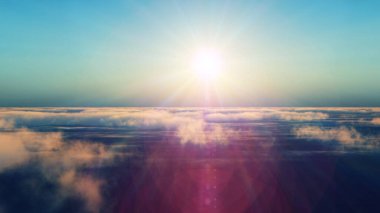 Bulutların üzerinde günbatımı güneş ışığı illüstrasyonu, 3 boyutlu görüntüleme