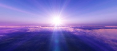 Bulutların üzerinde günbatımı güneş ışığı illüstrasyonu, 3 boyutlu görüntüleme