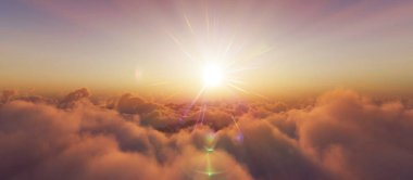 Bulutların üzerinde günbatımı güneş ışığı illüstrasyonu, 3 boyutlu görüntüleme