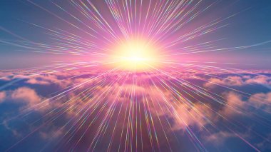 Bulutların üzerinde günbatımı güneş ışığı illüstrasyonu, 3 boyutlu görüntüleme