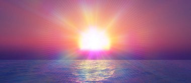 Gün batımı deniz ışığı gökyüzü berrak, üç boyutlu resimleme