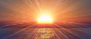 Gün batımı deniz ışığı gökyüzü berrak, üç boyutlu resimleme