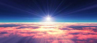 Bulutların üzerinde günbatımı güneş ışığı illüstrasyonu, 3 boyutlu görüntüleme