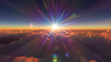 Bulutların üzerinde günbatımı güneş ışığı illüstrasyonu, 3 boyutlu görüntüleme