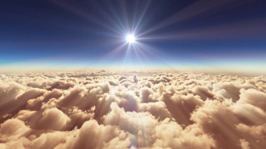Bulutların üzerinde günbatımı güneş ışığı illüstrasyonu, 3 boyutlu görüntüleme