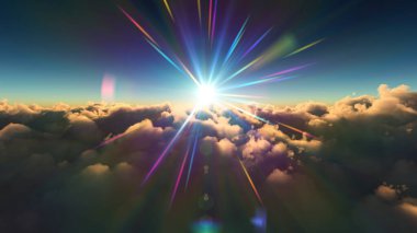Bulutların üzerinde günbatımı güneş ışığı illüstrasyonu, 3 boyutlu görüntüleme