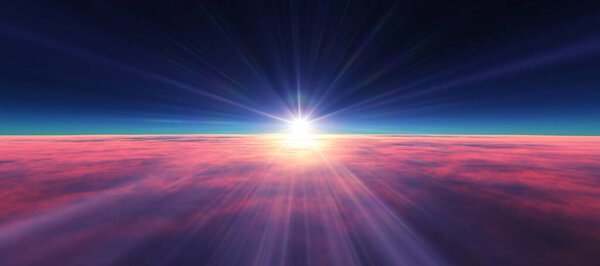 Above clouds fly sunset sun ray illustration, 3d render