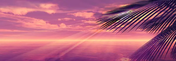 Sunset Sea Palm Landscape Illustration Render Stok Foto