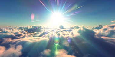 Bulutların üzerinde uç günbatımı manzarası, üç boyutlu resimleme