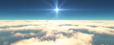 Bulutların üzerinde uç günbatımı manzarası. 3d resimleme