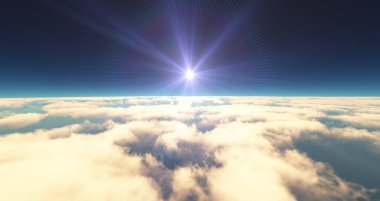 Bulutların üzerinde uç günbatımı manzarası. 3d resimleme