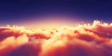 Bulutların üzerinde gün doğumu güneş ışığı çizimi, 3 boyutlu görüntüleme