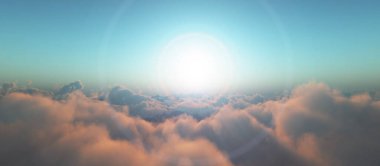 Bulutların üzerinde günbatımı güneş ışığı illüstrasyonu, 3 boyutlu görüntüleme