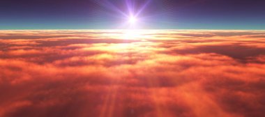 Bulutların üzerinde günbatımı güneş ışığı illüstrasyonu, 3 boyutlu görüntüleme