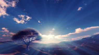 Çayırda gün batımı ve yalnız ağaç, üç boyutlu resimleme