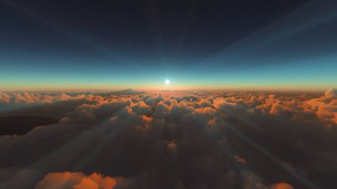 Bulutların üzerinde günbatımı güneş ışığı illüstrasyonu, 3 boyutlu görüntüleme