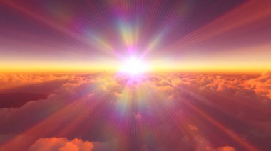 Bulutların üzerinde günbatımı güneş ışığı illüstrasyonu, 3 boyutlu görüntüleme