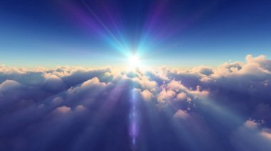 Bulutların üzerinde günbatımı güneş ışığı illüstrasyonu, 3 boyutlu görüntüleme