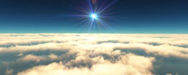 Bulutların üzerinde uç günbatımı manzarası. 3d resimleme