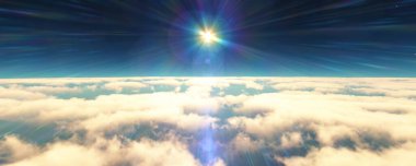 Bulutların üzerinde uç günbatımı manzarası. 3d resimleme