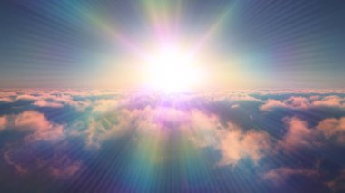 Bulutların üzerinde günbatımı güneş ışığı illüstrasyonu, 3 boyutlu görüntüleme