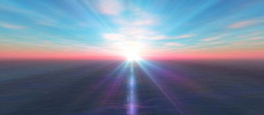 Gün batımı deniz ışığı gökyüzü berrak, üç boyutlu resimleme