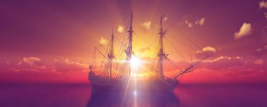 Eski gemi günbatımında deniz 3D resimleme