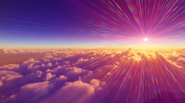 Bulutların üzerinde günbatımı güneş ışığı illüstrasyonu, 3 boyutlu görüntüleme