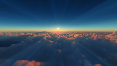 Bulutların üzerinde günbatımı güneş ışığı illüstrasyonu, 3 boyutlu görüntüleme